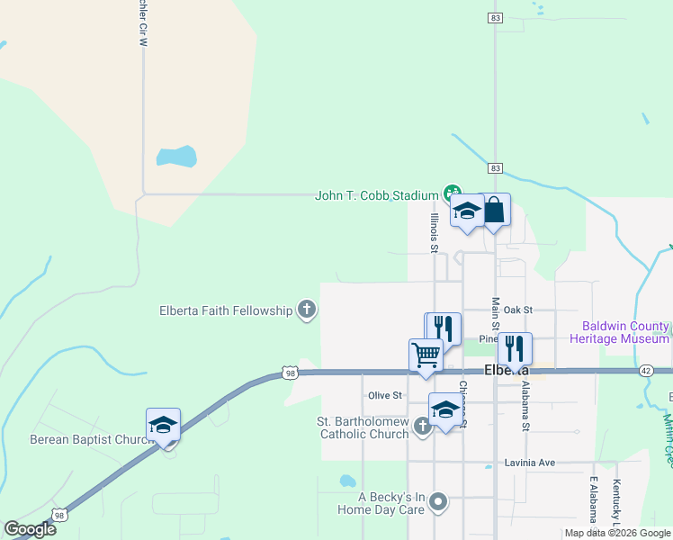 map of restaurants, bars, coffee shops, grocery stores, and more near 24681 Ulrich Ln in Elberta