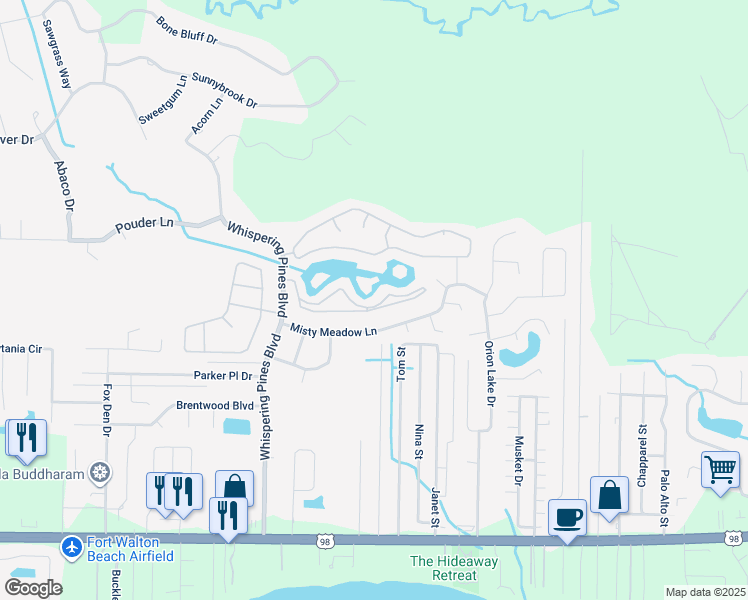 map of restaurants, bars, coffee shops, grocery stores, and more near 9712 Seafarer's Way in Navarre