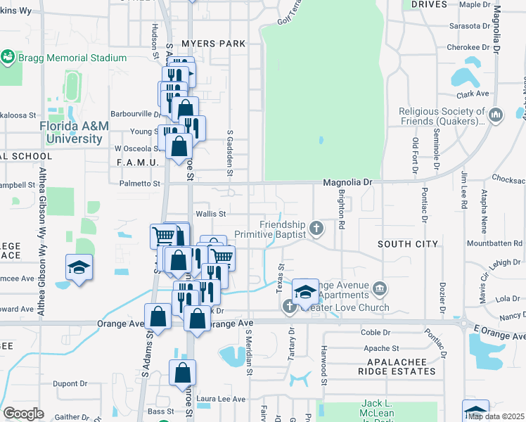 map of restaurants, bars, coffee shops, grocery stores, and more near 512 Wallis Street in Tallahassee