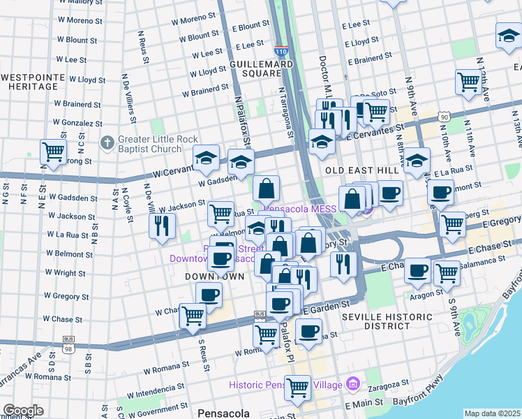 map of restaurants, bars, coffee shops, grocery stores, and more near in Pensacola