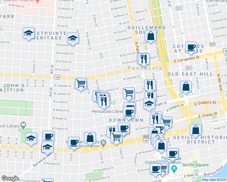 map of restaurants, bars, coffee shops, grocery stores, and more near 315 West Jackson Street in Pensacola