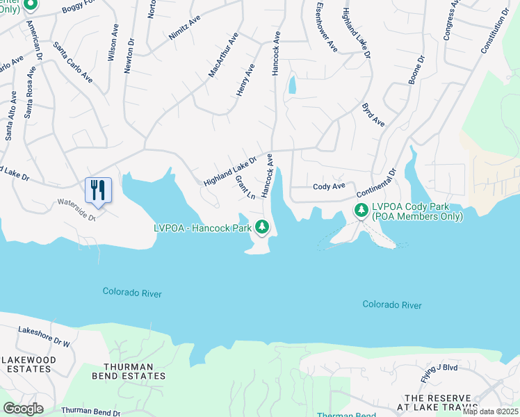 map of restaurants, bars, coffee shops, grocery stores, and more near 20400 Gilbert Cove in Lago Vista