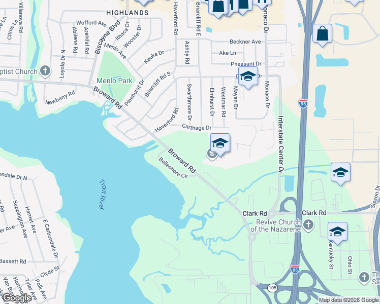 map of restaurants, bars, coffee shops, grocery stores, and more near 1467-1495 Broward Road in Jacksonville