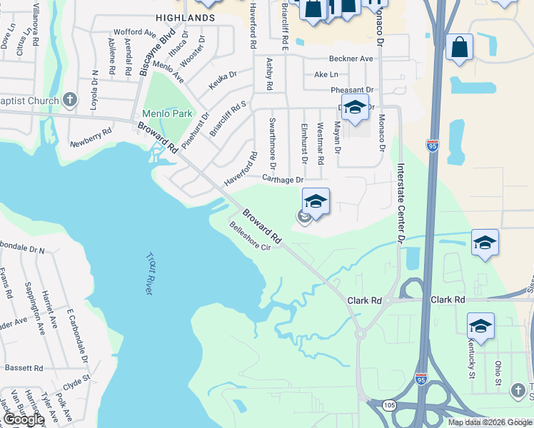map of restaurants, bars, coffee shops, grocery stores, and more near 1467-1495 Broward Road in Jacksonville