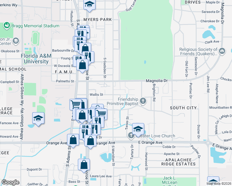 map of restaurants, bars, coffee shops, grocery stores, and more near 512 Wallis Street in Tallahassee
