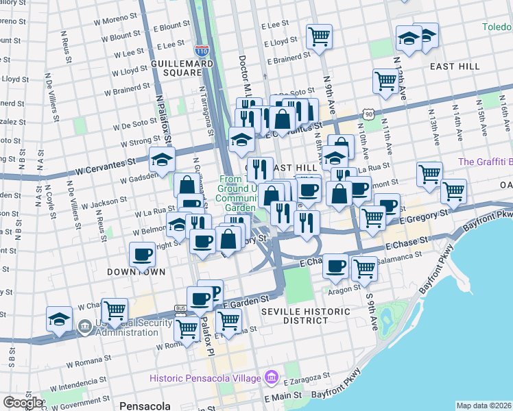 map of restaurants, bars, coffee shops, grocery stores, and more near 401 North Alcaniz Street in Pensacola