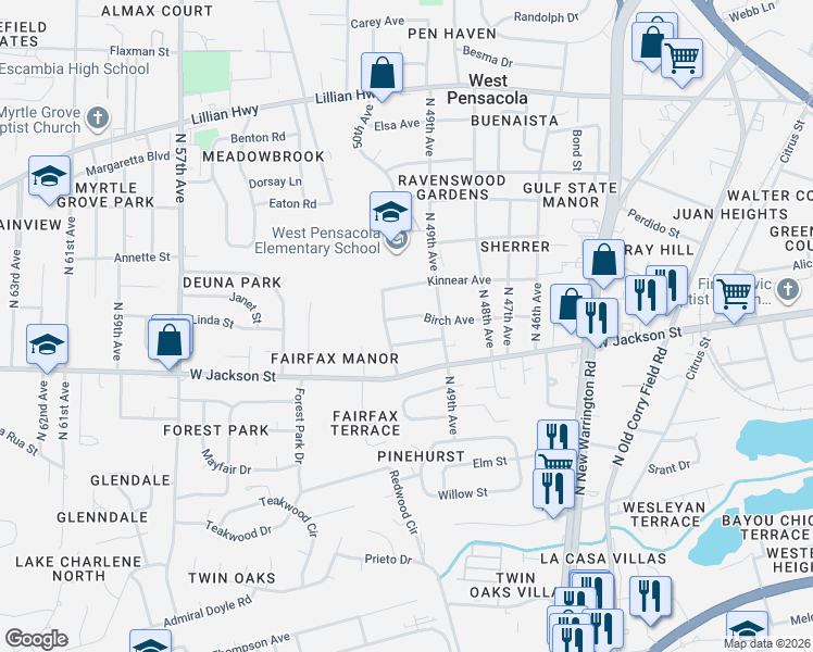 map of restaurants, bars, coffee shops, grocery stores, and more near 616 Frances Drive in Pensacola