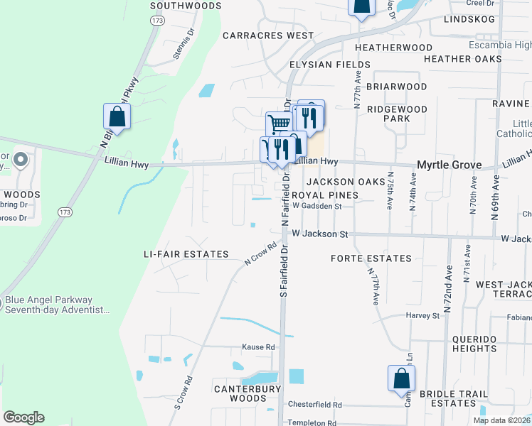 map of restaurants, bars, coffee shops, grocery stores, and more near 601 West Fairfield Drive in Pensacola