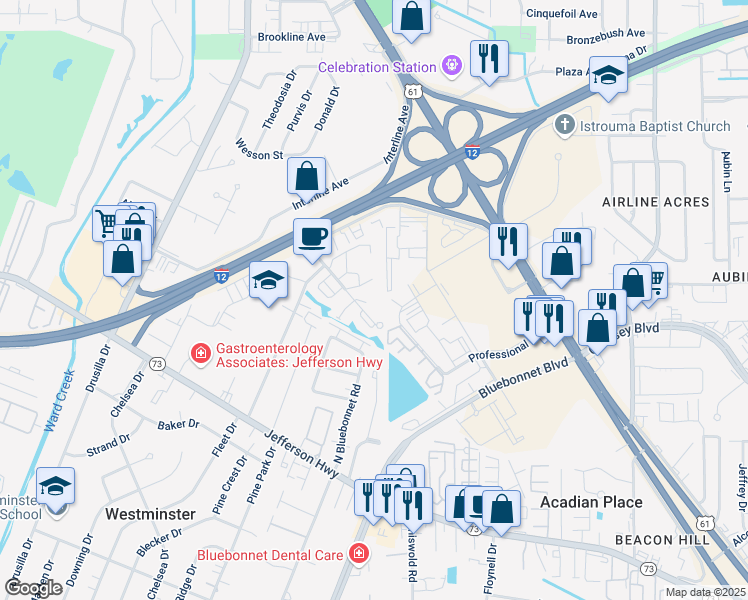 map of restaurants, bars, coffee shops, grocery stores, and more near 9301 Oxford Place Drive in Baton Rouge