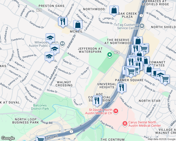map of restaurants, bars, coffee shops, grocery stores, and more near 12324 Danny Drive in Austin