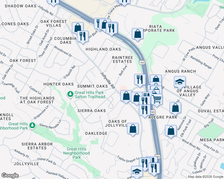 map of restaurants, bars, coffee shops, grocery stores, and more near 11607 Bell Avenue in Austin