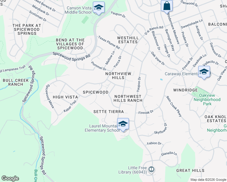 map of restaurants, bars, coffee shops, grocery stores, and more near 10609 Double Spur Loop in Austin