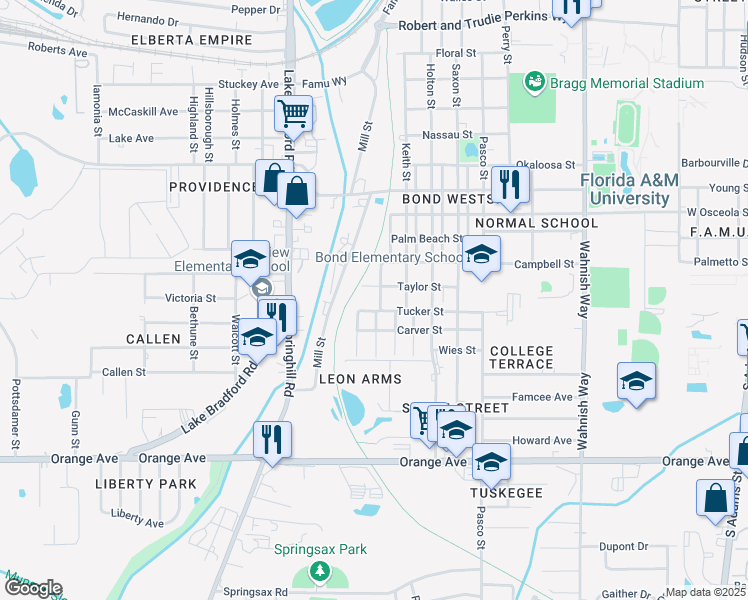 map of restaurants, bars, coffee shops, grocery stores, and more near 2226 Saint Marks Street in Tallahassee