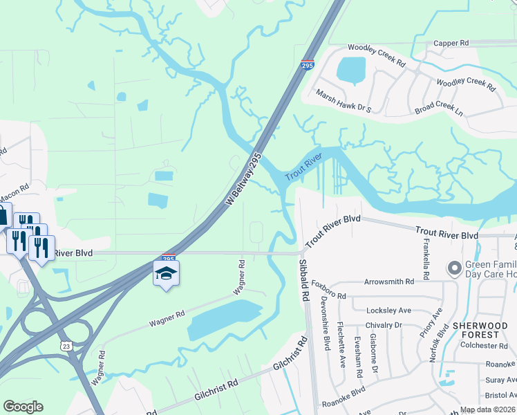map of restaurants, bars, coffee shops, grocery stores, and more near 10019 Wagner Road in Jacksonville