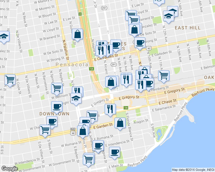 map of restaurants, bars, coffee shops, grocery stores, and more near 401 North Alcaniz Street in Pensacola