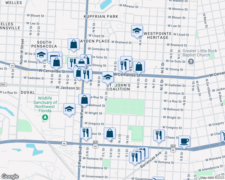 map of restaurants, bars, coffee shops, grocery stores, and more near 1702 West Jackson Street in Pensacola