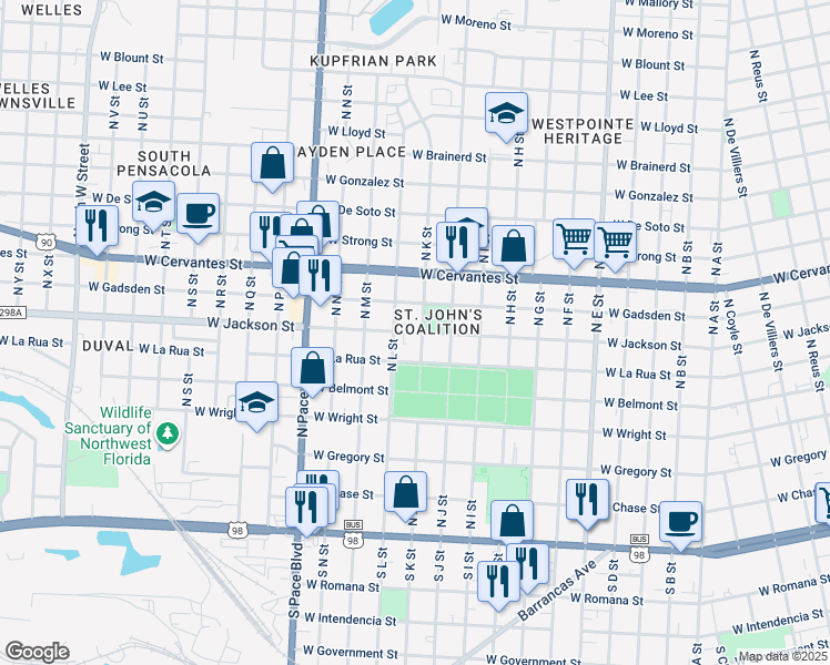 map of restaurants, bars, coffee shops, grocery stores, and more near 1704 West Jackson Street in Pensacola