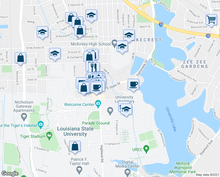 map of restaurants, bars, coffee shops, grocery stores, and more near 3300-3398 Willard Street in Baton Rouge
