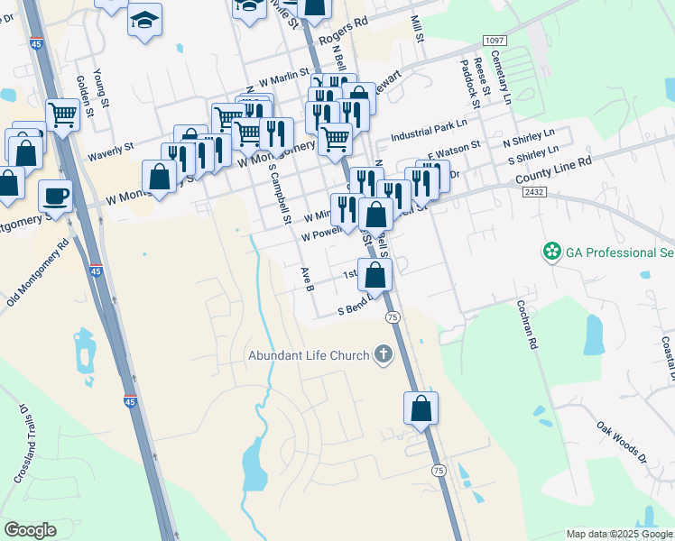 map of restaurants, bars, coffee shops, grocery stores, and more near 206 1st Street in Willis