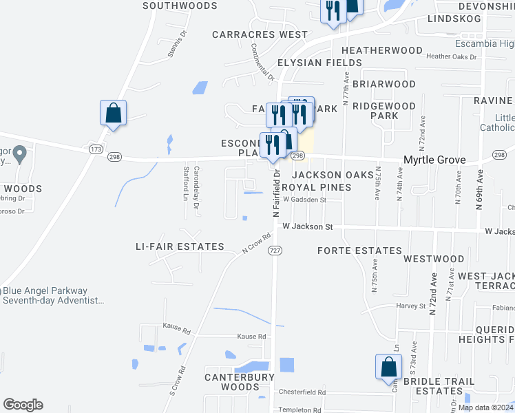 map of restaurants, bars, coffee shops, grocery stores, and more near 601 West Fairfield Drive in Pensacola