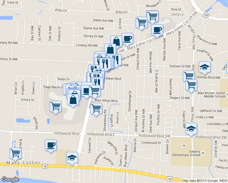 map of restaurants, bars, coffee shops, grocery stores, and more near 640 Cornwall Terrace in Mary Esther