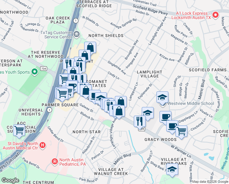 map of restaurants, bars, coffee shops, grocery stores, and more near 2111 Red Stone Lane in Austin
