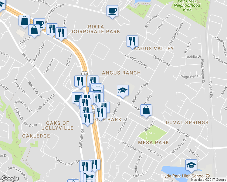 map of restaurants, bars, coffee shops, grocery stores, and more near 5300 Duval Road in Austin
