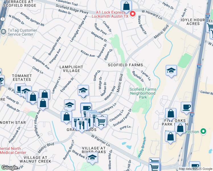 map of restaurants, bars, coffee shops, grocery stores, and more near 12907 Meehan Drive in Austin