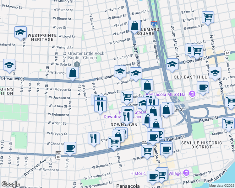 map of restaurants, bars, coffee shops, grocery stores, and more near 221 W Jackson St in Pensacola