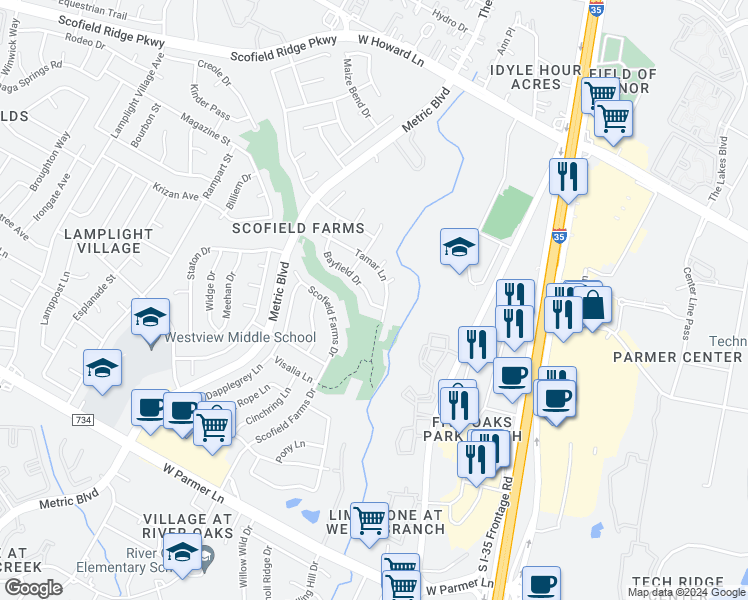 map of restaurants, bars, coffee shops, grocery stores, and more near 13105 Bayfield Drive in Austin