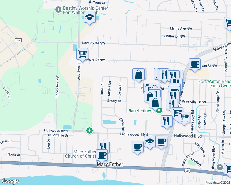 map of restaurants, bars, coffee shops, grocery stores, and more near 50 Ashford Court in Mary Esther