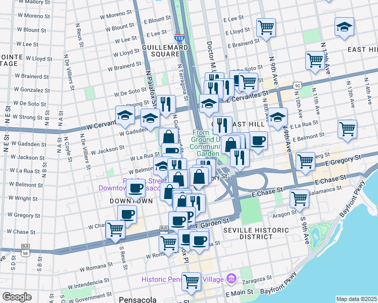 map of restaurants, bars, coffee shops, grocery stores, and more near 117 East La Rua Street in Pensacola