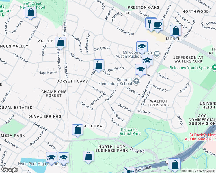 map of restaurants, bars, coffee shops, grocery stores, and more near 4108 Everest Lane in Austin