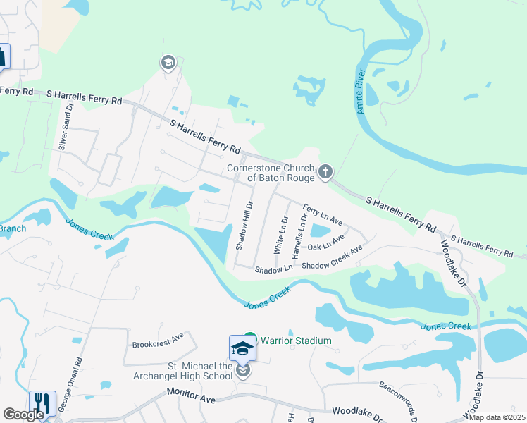 map of restaurants, bars, coffee shops, grocery stores, and more near 3152 White Shadows Drive in Baton Rouge