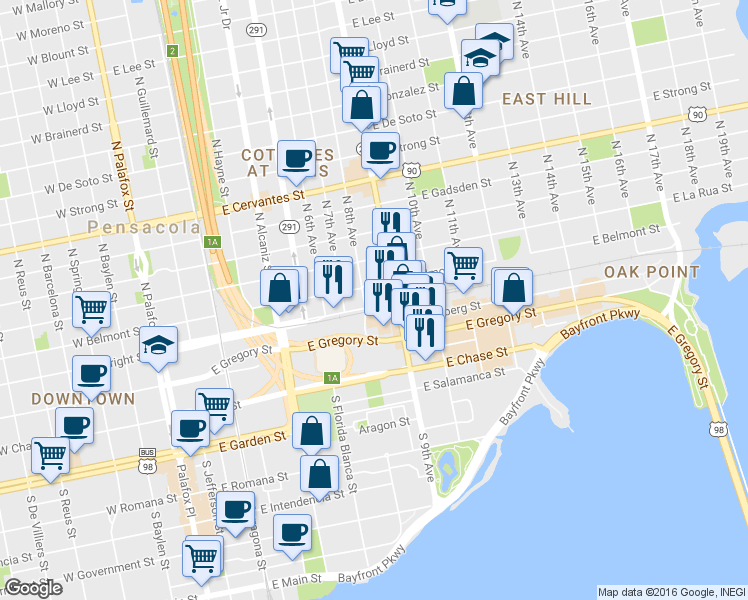 map of restaurants, bars, coffee shops, grocery stores, and more near 806 East Wright Street in Pensacola