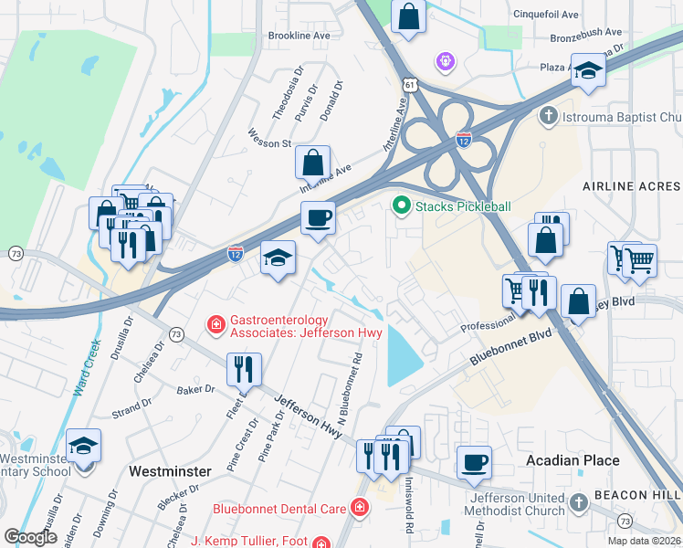 map of restaurants, bars, coffee shops, grocery stores, and more near 3464 Spencer Court in Baton Rouge