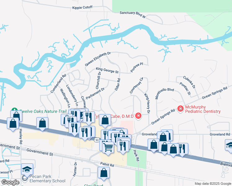 map of restaurants, bars, coffee shops, grocery stores, and more near 1334 Diller Road in Ocean Springs