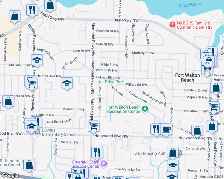 map of restaurants, bars, coffee shops, grocery stores, and more near 226 Jet Dr NW in Fort Walton Beach