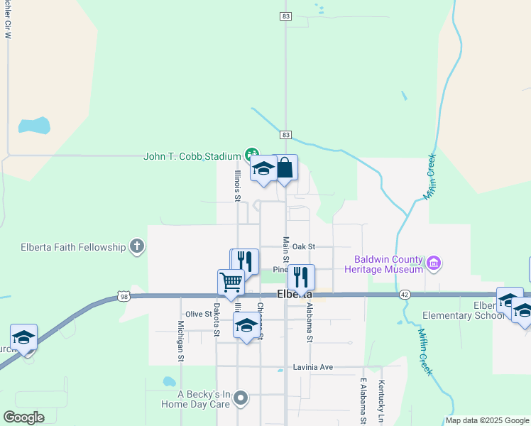 map of restaurants, bars, coffee shops, grocery stores, and more near 13288 Chicago Street in Elberta