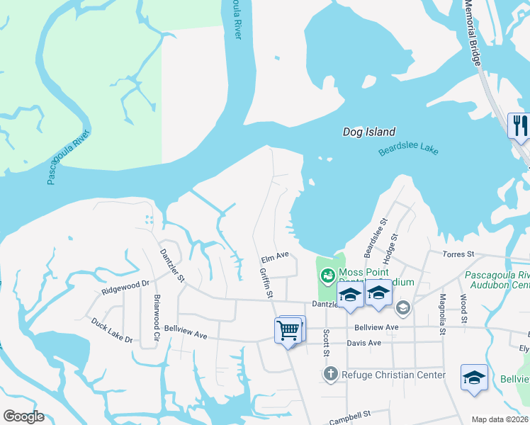 map of restaurants, bars, coffee shops, grocery stores, and more near 5318 Griffin St in Moss Point