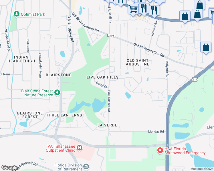 map of restaurants, bars, coffee shops, grocery stores, and more near 1943 Darryl Drive in Tallahassee