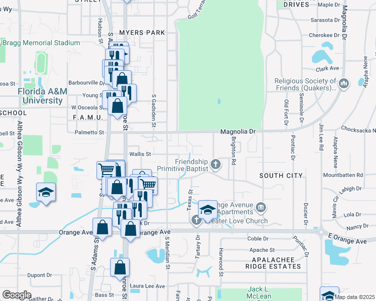 map of restaurants, bars, coffee shops, grocery stores, and more near 512 Wallis Street in Tallahassee