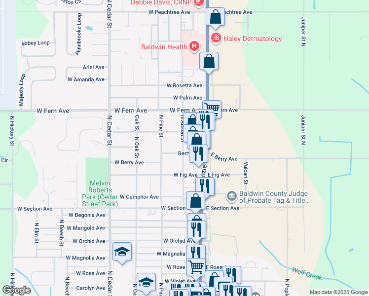 map of restaurants, bars, coffee shops, grocery stores, and more near 200 West Berry Avenue in Foley