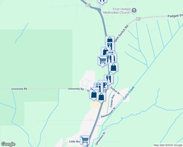 map of restaurants, bars, coffee shops, grocery stores, and more near University Road in Bayou La Batre