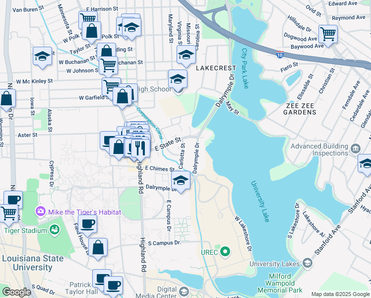 map of restaurants, bars, coffee shops, grocery stores, and more near 3270 Carlotta Street in Baton Rouge