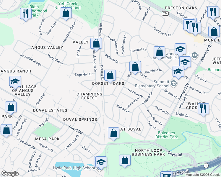 map of restaurants, bars, coffee shops, grocery stores, and more near 12104 Arrowwood Drive in Austin