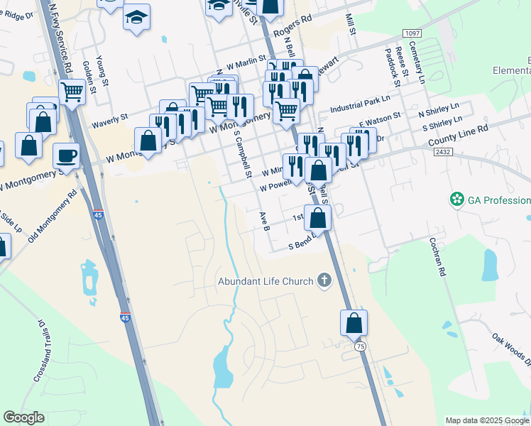 map of restaurants, bars, coffee shops, grocery stores, and more near 605 South Campbell Street in Willis