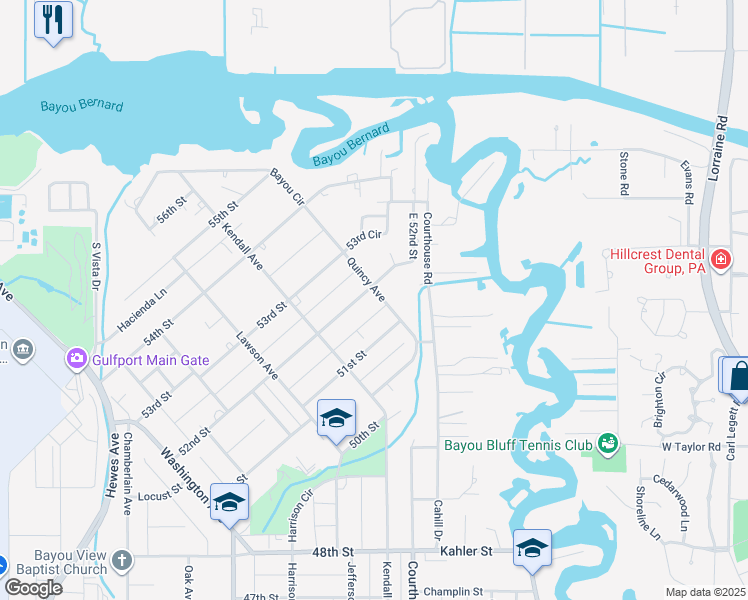 map of restaurants, bars, coffee shops, grocery stores, and more near 5107 Quincy Avenue in Gulfport