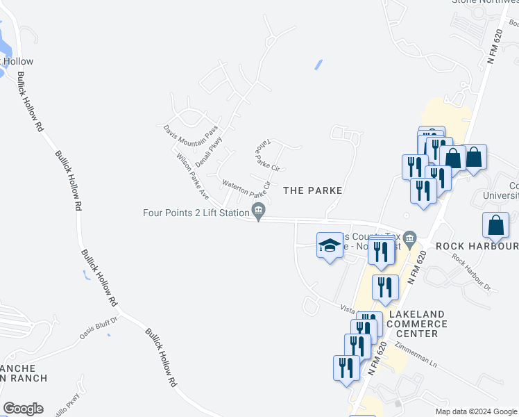 map of restaurants, bars, coffee shops, grocery stores, and more near 8003 Caribou Parke Cove in Austin