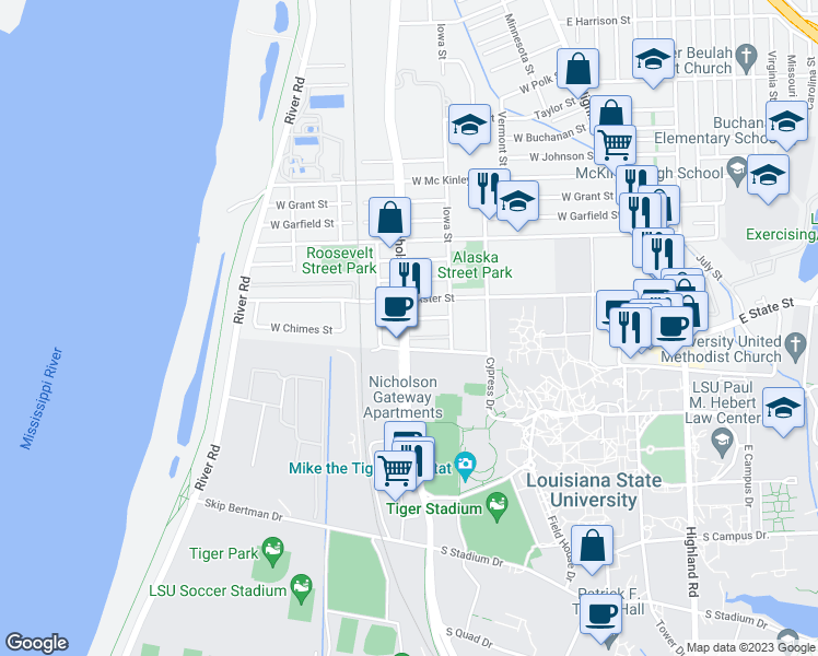 map of restaurants, bars, coffee shops, grocery stores, and more near 1040 Geranium Street in Baton Rouge